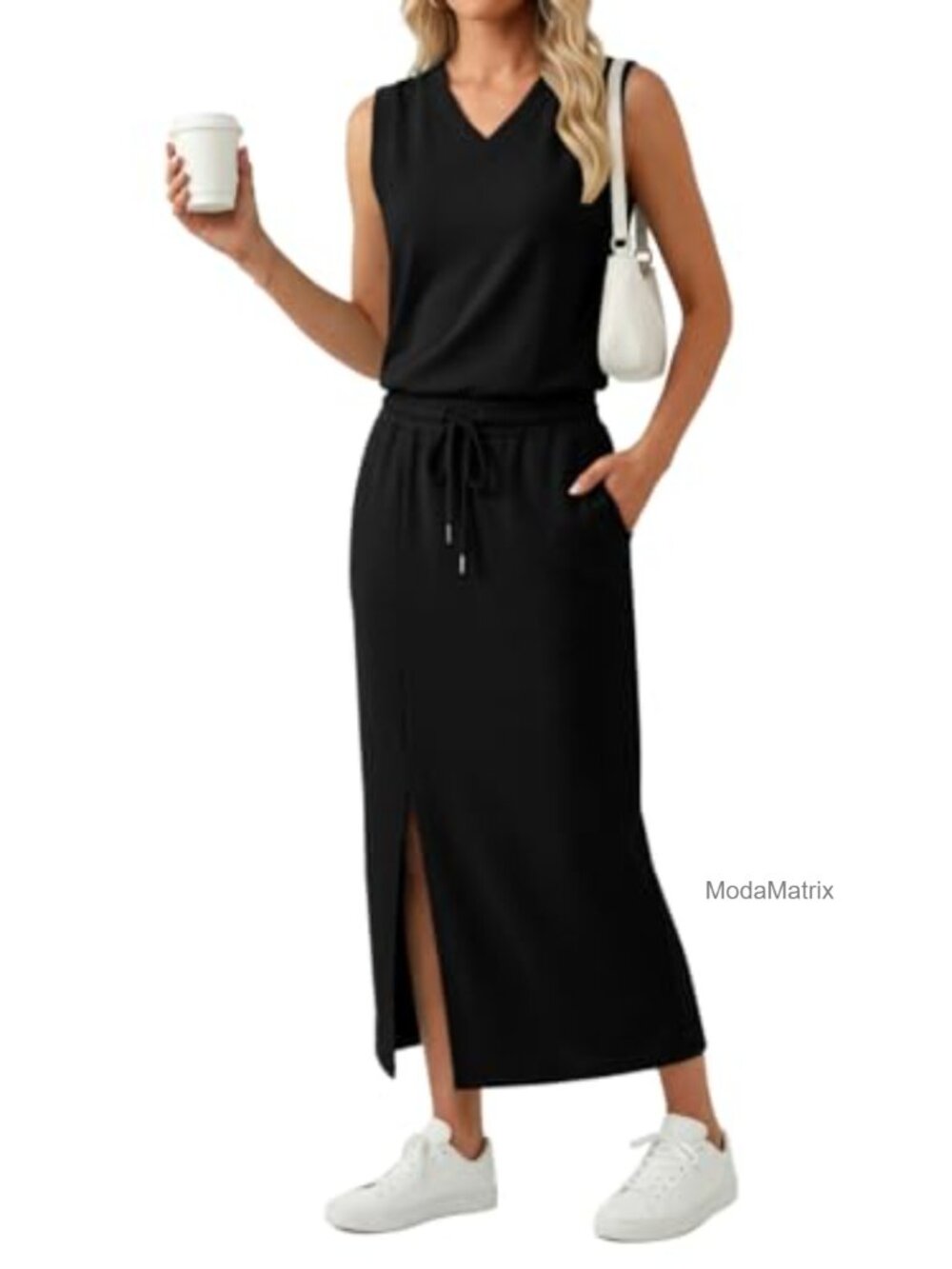 Women's 2 Piece Skirt Set V Neck Sleeveless Top Maxi Side Slit Pockets